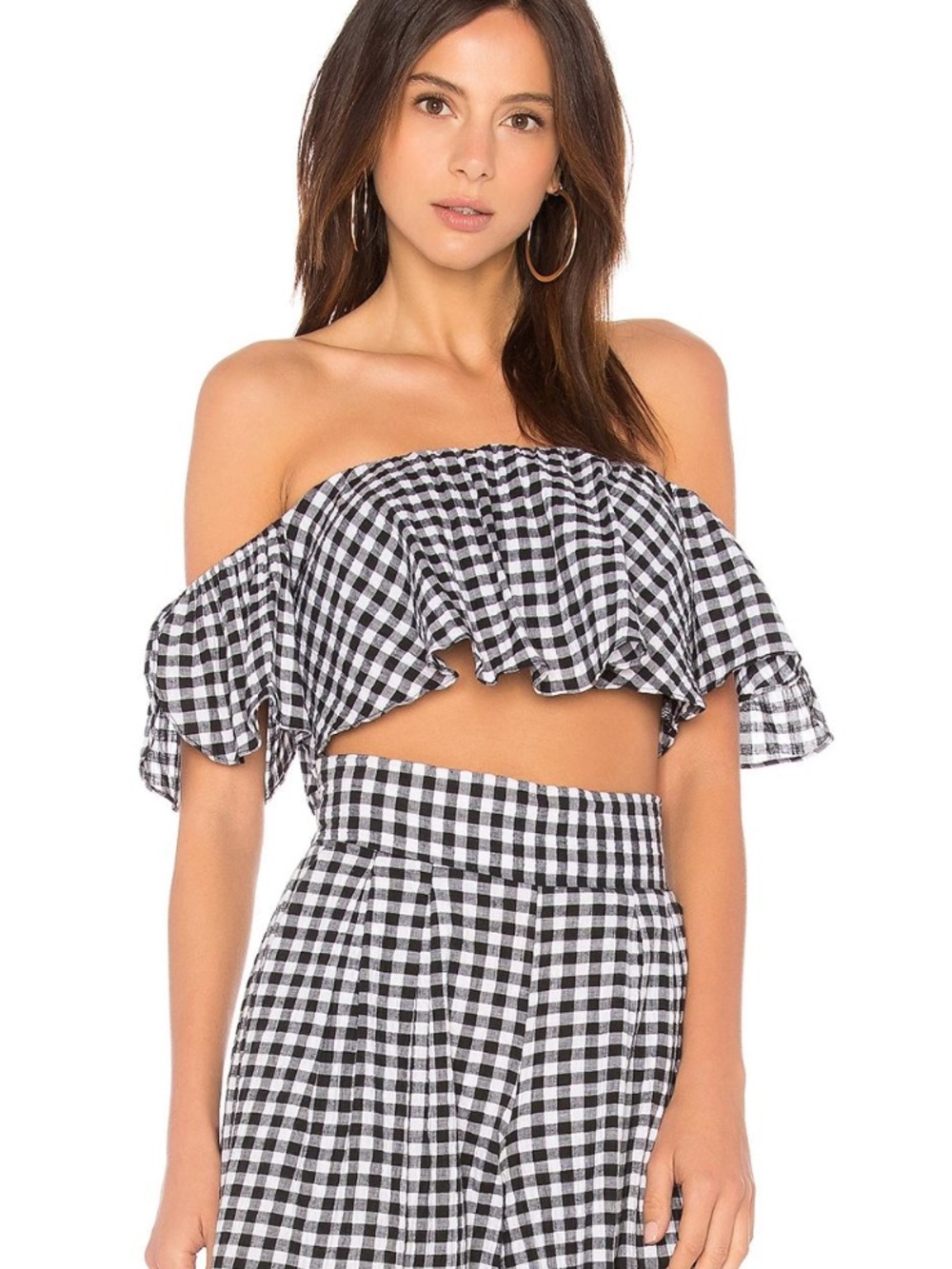 Misa Los Angeles Lunna Black and White Gingham Off-Shoulder Crop Top